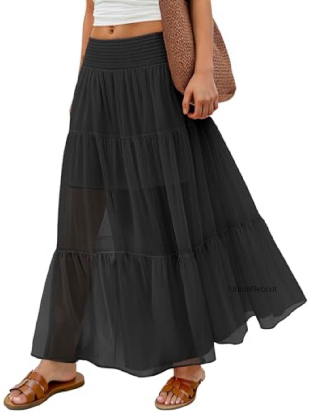 Chiffon Elastic High Waisted Maxi Skirt Flowy Pleated A-Line